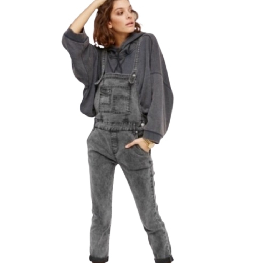 Free People Through The Woods Black Denim Overalls Size 25 Side Zip Stretch